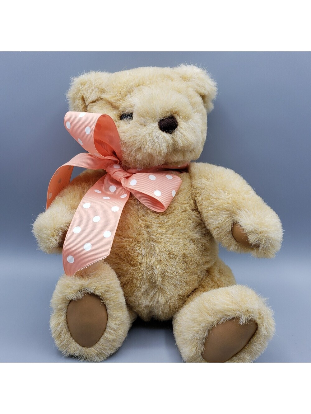 Vintage Gund Tan Teddy Bear 12" Jointed Peach Bow Leather Feet Yarn Nose 1982